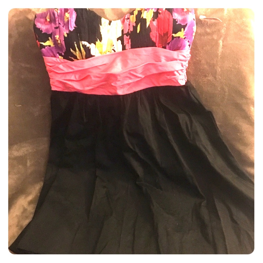 Flirty floral and black strapless dress